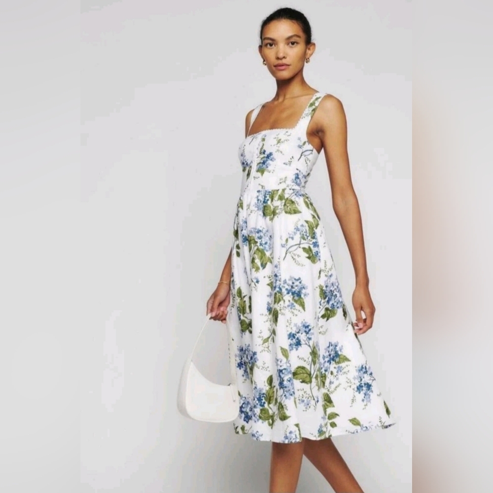 Reformation White Midi Dress with Blue Floral and Green Leaf Print